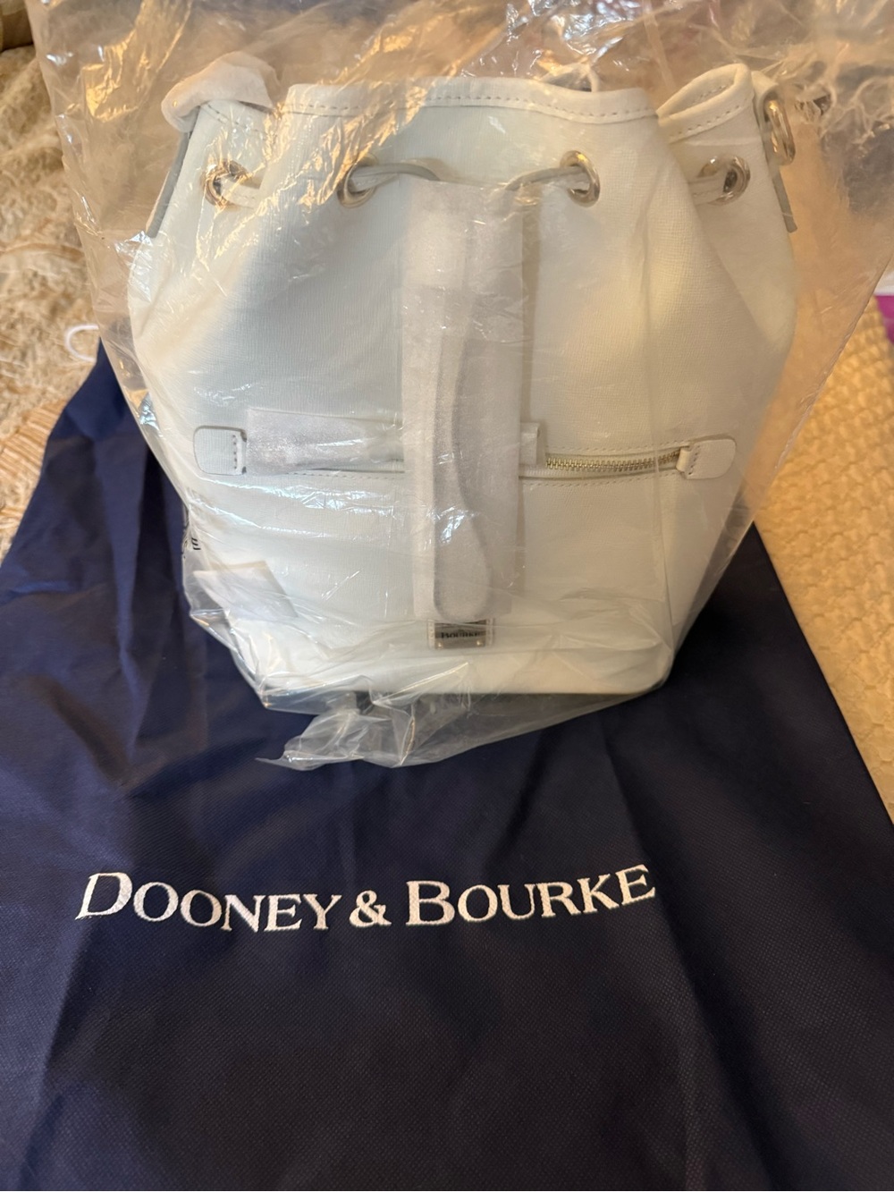 NWT Dooney & Bourke Cream Leather Drawstring Bucket Bag